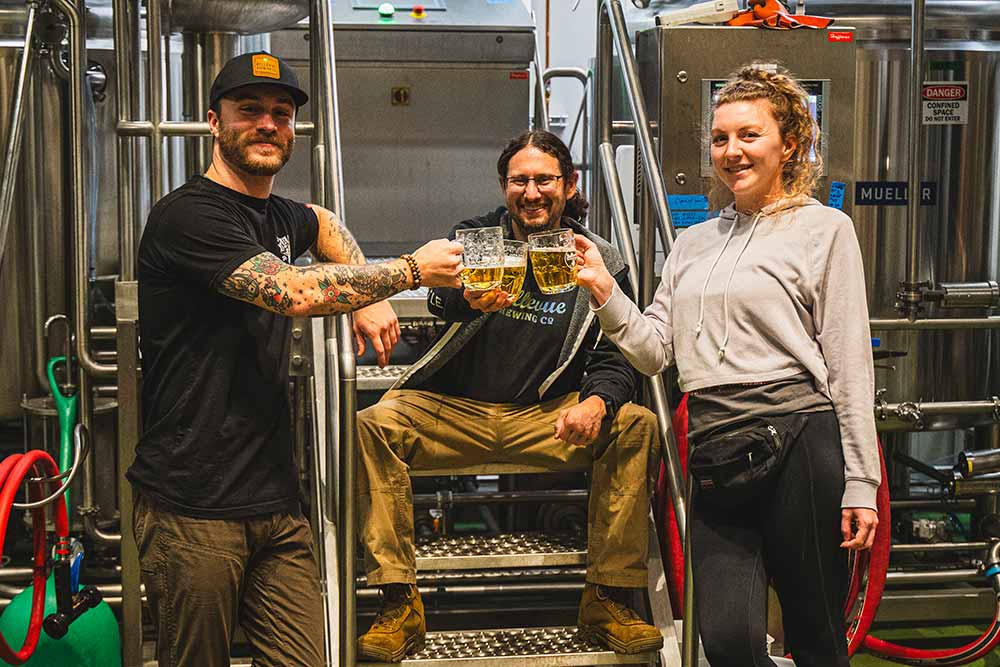 bellevue brewing company head brewer tony powell, johnny robertson, and bailey whittaker