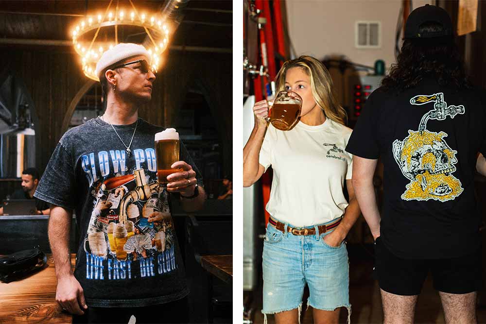 pilsnerish x cerebral side-pull tee and slow pour acid-wash tee