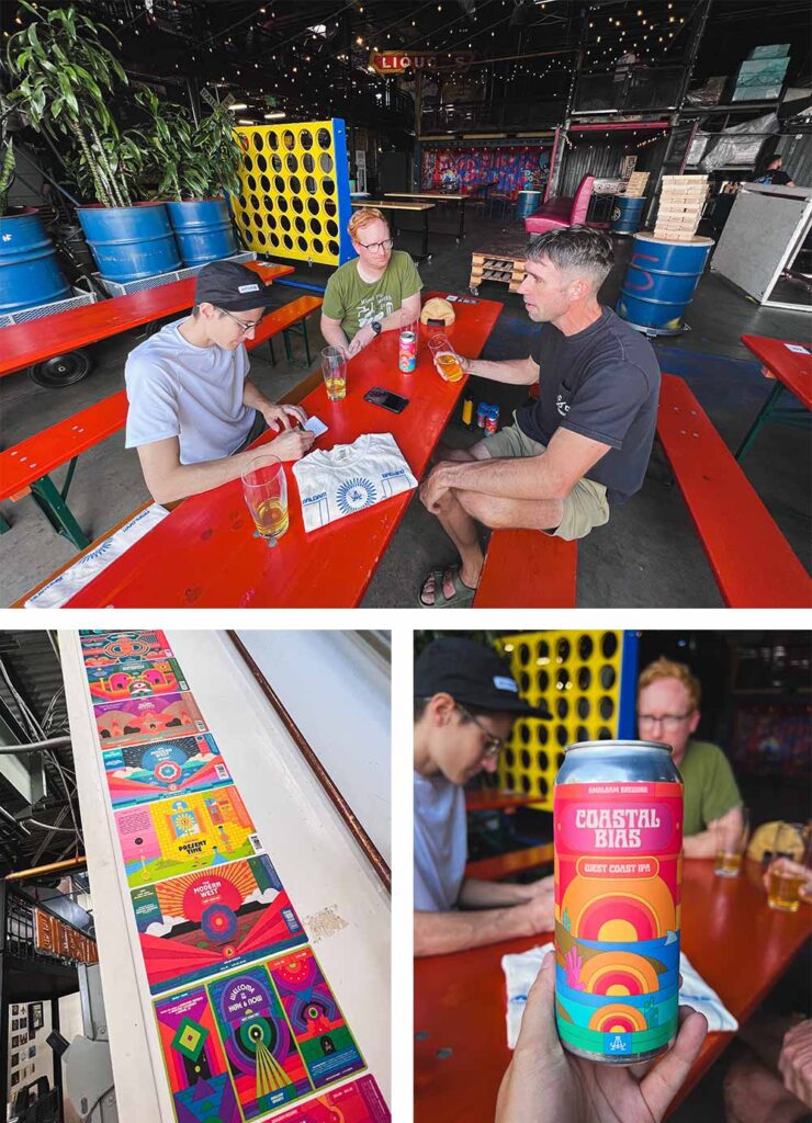 amalgam brewing co-founders eric schmidt and phil joyce, coastal bias west coast ipa, and a wall of label