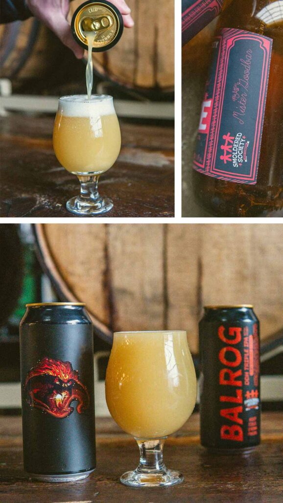 smoldered society balrog ddh triple ipa and strike anywhere pilsner bottles collage