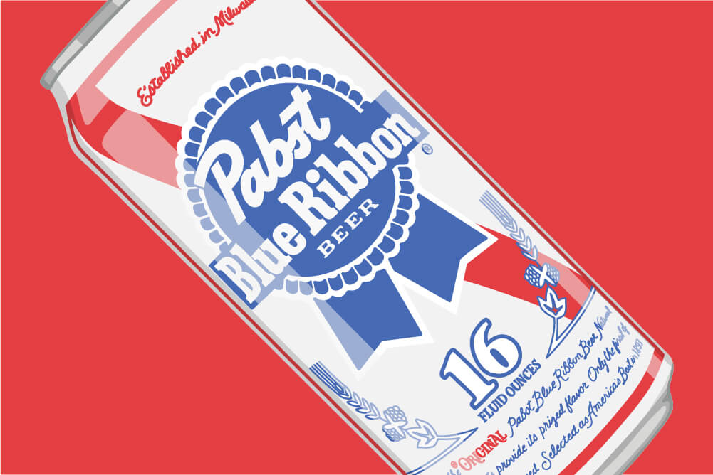 A hand drawn graphic of a Pabst Blue Ribbon can